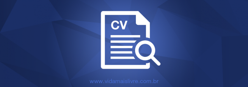 Arte em fundo azul com um ícone que representa um currículo e uma lupa