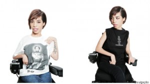 Modelo Jilian Mercado em cadeia de rodas com novos moletons da marca