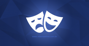 Ícone de duas máscaras, representando o teatro, em fundo azul.