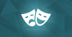 Ícone de duas máscaras, representando o teatro, em fundo verde