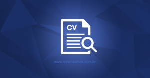 Arte em fundo azul com um ícone que representa um currículo e uma lupa