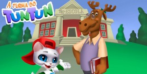 Imagem de divulgação do desenho Tuntun mostra dois animais caracterizados como humanos: um gato, que aparenta ser um garoto estudante, e um alce, com aparência de professor.