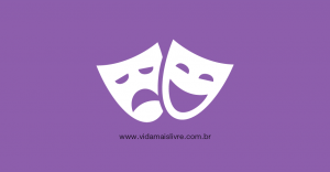Em fundo roxo, há o ícone que representa o teatro, com as máscaras do drama e da comédia