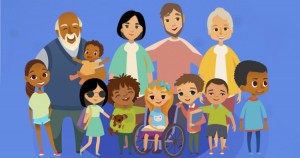 Ilustração lúdica com adultos e crianças, de diversas etnias e idades. Ao centro, há uma garota cadeirante e, do lado direito, uma menina cega