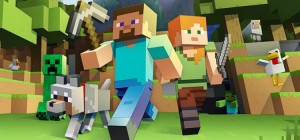 Ilustração do jogo com um rapaz, uma moça e um cachorro correndo. Todos têm formas pixelizadas formadas por cubos