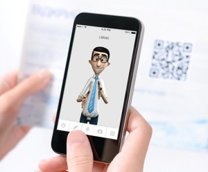 Foto de uma mão segurando um celular. Na tela do aparelho, há o personagem Hugo, da HandTalk, que faz sinais em Libras.