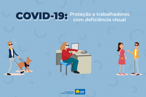 Arte em fundo azul claro com o texto: "Covid-19: Proteção a trabalhadores com deficiência visual".