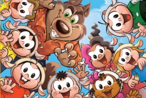 Ilustração de um lobo com personagens da Turma da Mônica com chapéus com orelhas de cabritos na cabeça.