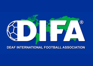 Arte em fundo azul, com a logo da DIFA e uma ilustração dos continentes em verde. Há o texto em inglês: "Deaf International Football Association"
