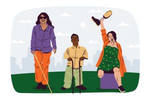 Ilustração com três pessoas com deficiência. Da esquerda para direita: há uma mulher cega em pé, ao lado há um homem com nanismo e ao lado, uma mulher está sendada e segurando uma prótese de perna.