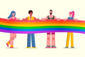 ilustração com pessoas diversas segurando a bandeira LGBTQIAPN+
