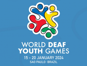 Arte com logo do evento, fundo azul e texto em inglês: "World Deaf Youth Games. 15 - 20 january 2024. São Paulo - Brazil".